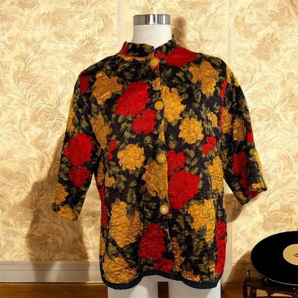 Vintage 1960s Quilted Floral Butterfly Jacket Red Yellow Blazer Medium - Picture 1 of 8